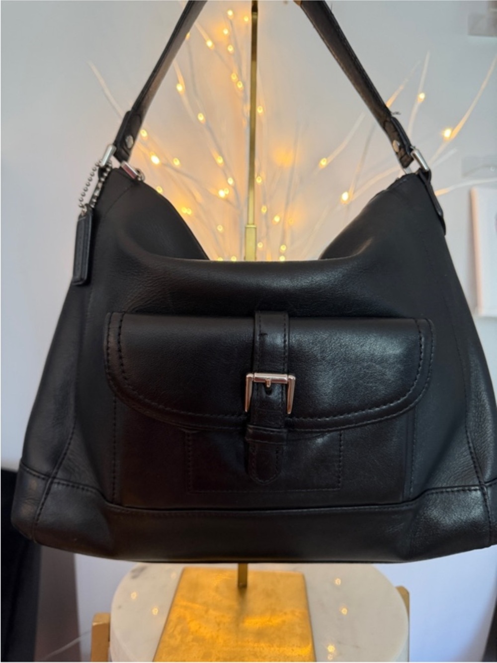 Coach Kristen Black Leather Hobo Shoulder Bag with magnetic Front Buckle Pocket